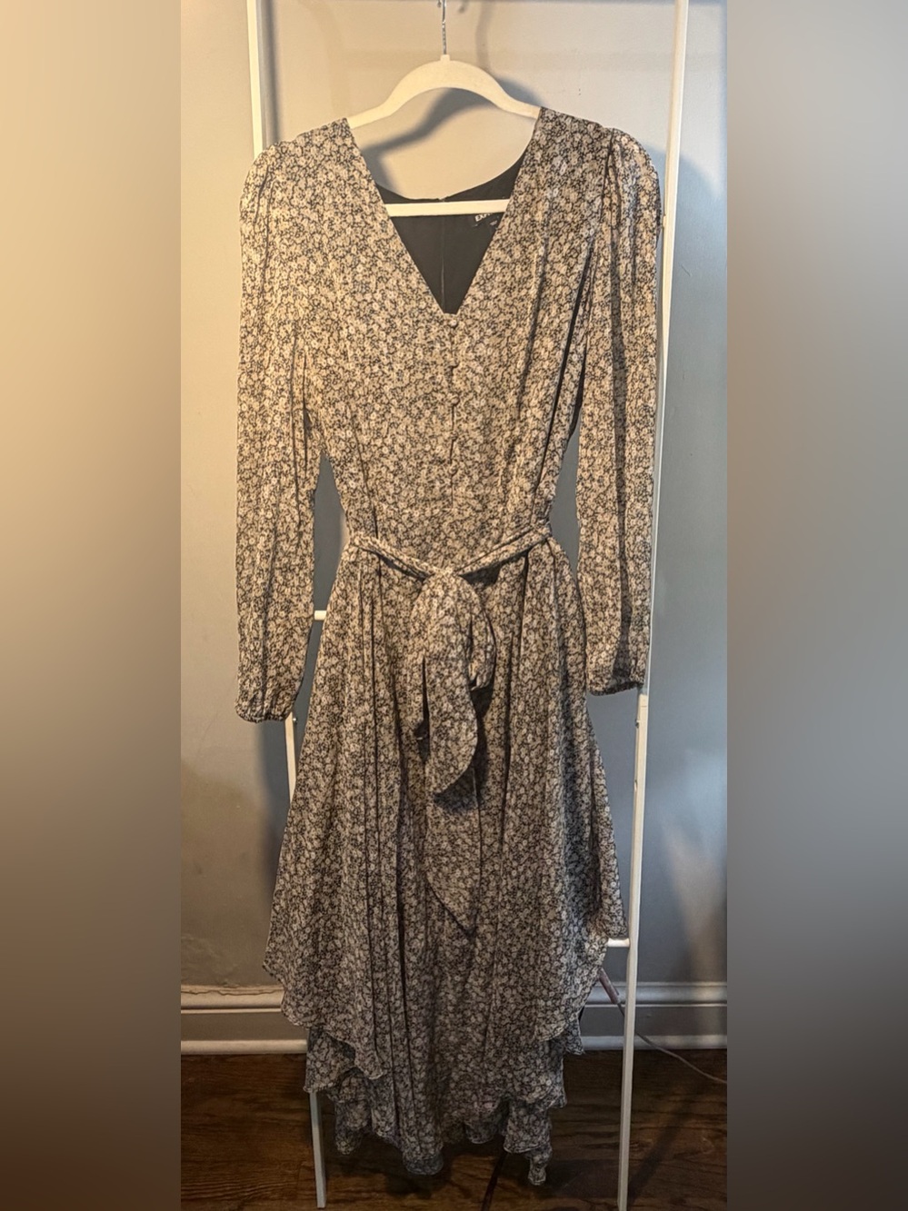 Express Black and Cream Floral Long-Sleeve Wrap Midi Dress